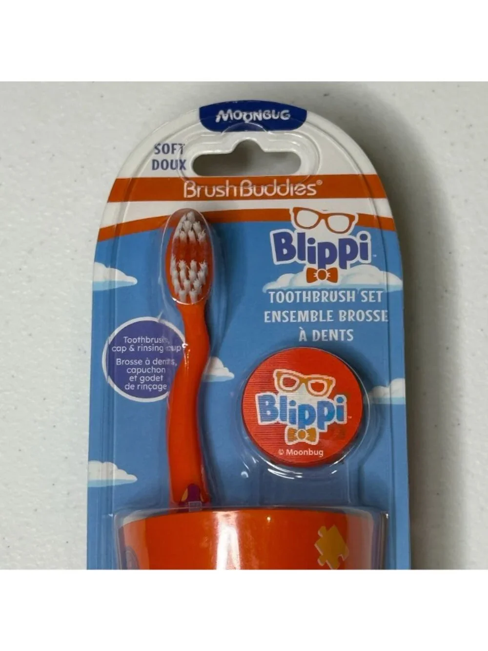 Blippi Kids Toothbrush Set Brush Buddies Soft Bristles Cup Cap New